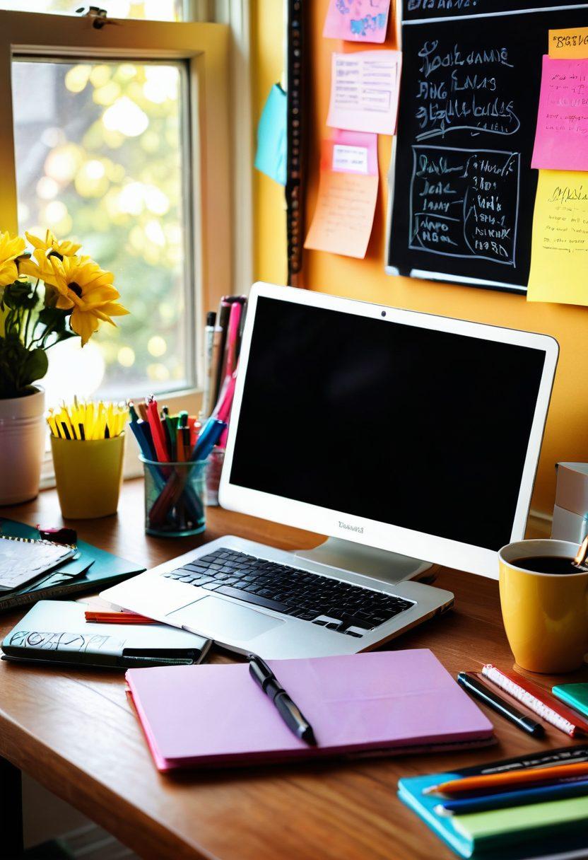 A creative workspace featuring a laptop with a vibrant blog interface, surrounded by colorful stationery, a steaming coffee cup, and a notepad filled with ideas. In the background, a chalkboard with tips and tools for blogging success, illuminated by warm sunlight. Super-realistic. Vibrant colors.
