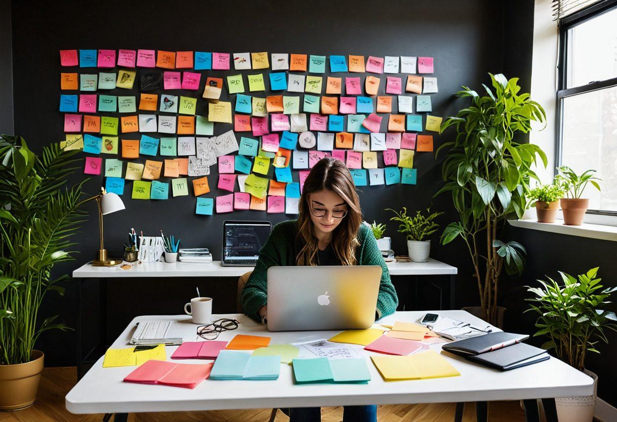 A creative depiction of a person sitting at a stylish desk with a laptop, surrounded by colorful sticky notes, and vibrant journals, symbolizing online journaling. The scene should include floating digital icons representing social media engagement, like hearts and comments around the individual. The ambiance is cozy, filled with plants and warm light. The color palette is bright and inviting, conveying enthusiasm and creativity. super-realistic. vibrant colors. cozy atmosphere.